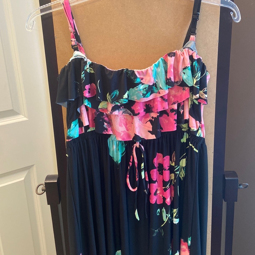 Style & Co maxi dress large black & pink floral maxi dress with removable straps